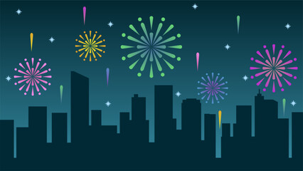 New year cityscape vector illustration. Scenery of city with sparkling fireworks in new year event. City landscape for illustration, background or wallpaper. City silhouette in the firework festival