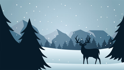 Wildlife reindeer in winter landscape vector illustration. Scenery of reindeer silhouette in the pine forest. Deer wildlife panorama for illustration, background or wallpaper © Moleng24