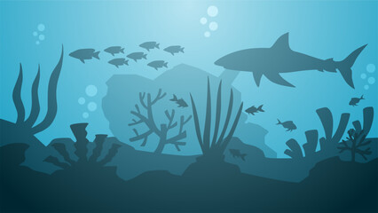 Fototapeta na wymiar Seascape vector illustration. Scenery of shipwreck in the bottom sea with fish and coral reef. Undersea landscape for illustration, background or wallpaper