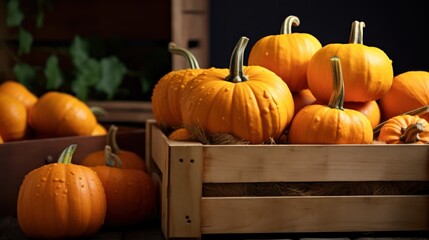 A Fresh ripe pumpkins in wooden crates on sorting background, water droplets on the surface, fresh harvest concept.