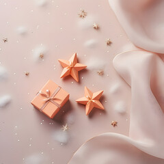 Fototapeta na wymiar Peach fuzz background color. Stars and silk blanket whit little golden stars and foam.