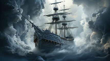 Nautical Fantasy - Majestic Ship Sailing Through Stormy Clouds