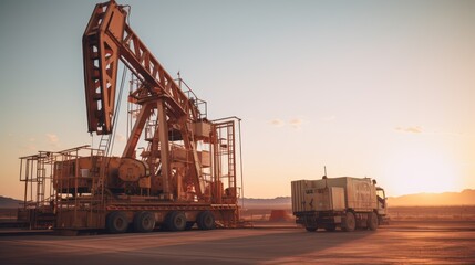 A Oil drilling machine in the desert, Industry, energy industry, gas station at sunset.