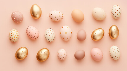 Easter eggs flat lay in handpainted decorated peach fuzz and gold colors on a pastel peach background