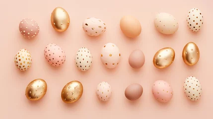 Printed kitchen splashbacks Pantone 2024 Peach Fuzz Easter eggs flat lay in handpainted decorated peach fuzz and gold colors on a pastel peach background