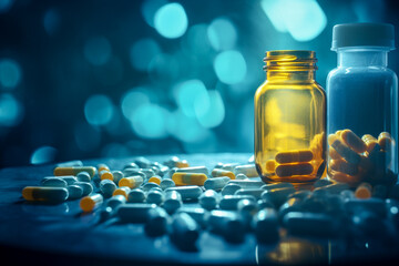 Bottle of pills. Medicine, vitamins spread out on a table. Moody blurred bokeh background with copy space. Pharmacy and drug related concept.