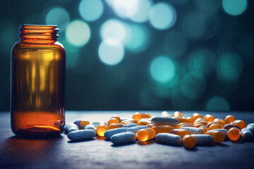 Bottle of pills. Medicine, vitamins spread out on a table. Moody blurred bokeh background with copy space. Pharmacy and drug related concept.