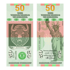 Vector new vertical banknote of 50 US dollars 2024. Obverse and reverse. Statue of Liberty and buffalo. National currency. © GAlexS