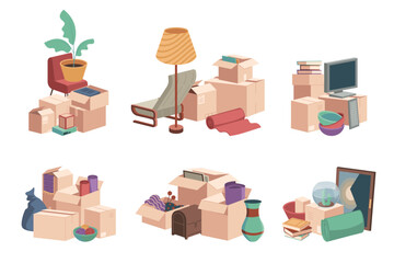 Piles of moving boxes. Packed empty boxes for storage and relocation, delivery service concept with pile of parcels. Vector illustration. Paper packages for household things, new apartment