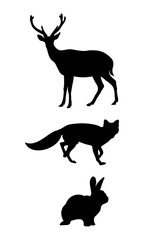 silhouette of forest animal, silhouette of deer, rabbit and fox, vector