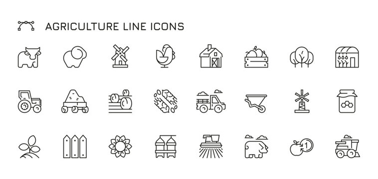 Agriculture line icons. Organic crops icons for print, farm animals and farming equipment. Vector farm constructions and vehicles isolated set. Farmhouse, windmill, plants and tractor