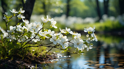 Blossoming of cherry flowers in spring time with green leaves and water reflection Flowers apple above water in spring time.AI Generative
