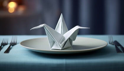 easy origami swan napkin on plate on laid table.Generative AI - obrazy, fototapety, plakaty