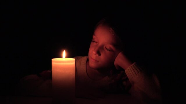 Sad Kid by Candles, Prayer Child in Night, Pensive Upset Young Girl Portrait, Religious Face