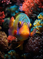 A vibrant clown fish swims among the colorful coral in the deep blue ocean. Generative AI.