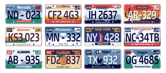 Vehicle registration plate. American license plate with state name and numbers, Idaho, Texas, Oregon, Arizona, California, Nevada, Kanzas, Florida. Vector set. USA automobile isolated signs - obrazy, fototapety, plakaty