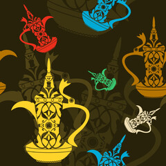 Editable Flat Monochrome Patterned Arabian Dallah Coffee Pots Vector Illustration Seamless Pattern With Dark Background for Middle Eastern Culture Tradition Cafe and Islamic Moments Related Design