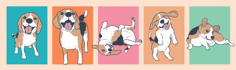 Cute Cartoon Beagle Dog set, Cartoon Dog Character Design with Flat Colors in Various Poses