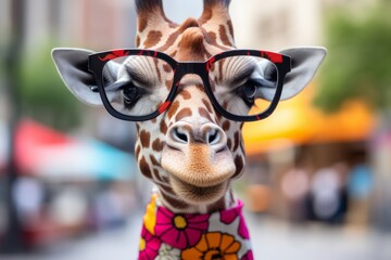 Fototapeta na wymiar A whimsical, colorful giraffe wearing oversized glasses.
