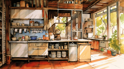 Watercolor sketch and interior lines of a kitchen.Generative AI.