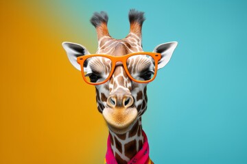 A whimsical, colorful giraffe wearing oversized glasses. - obrazy, fototapety, plakaty