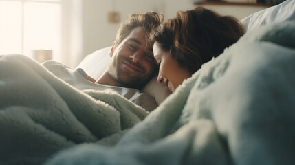 Beautiful happy young couple lying together in bed at home, a male and female spending a romantic morning in bed at home.