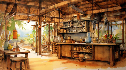 Fototapeta premium Watercolor sketch and interior lines of a kitchen.Generative AI.