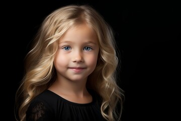 Portrait of a beautiful little girl with long blond hair on a black background.