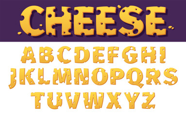 Cheese alphabet. Cartoon editable typeface for cheese product logo, funny typography for snack food logo. Vector isolated collection. Yellow letters and numbers with holes for education set