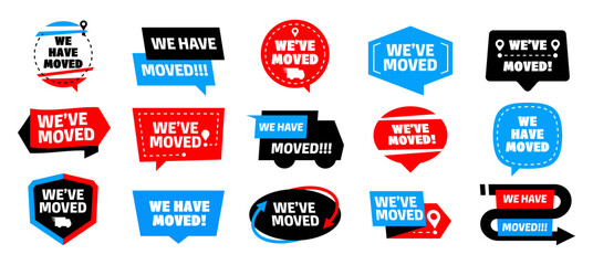 We moved signs. Relocation message with pointer, house relocation sticker with stamp, flat label for apartment, moving route information. Vector isolated set. Store or business address change