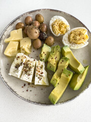 healthy breakfast plate with avocado and boiled egg