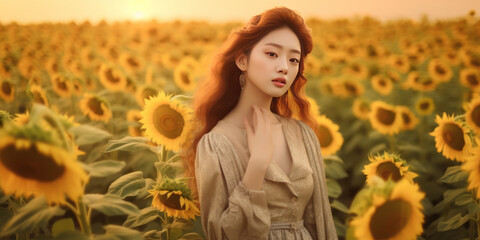 asian woman, warm makeup, lavender dress in sunflower field.Generative AI