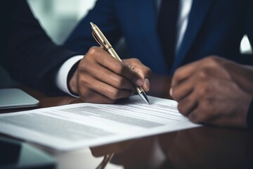 Office employee, company director writes on paper at the table. Male businessman signs a document, close-up. Concept: signing a contract, insurance, notary agreement - obrazy, fototapety, plakaty
