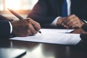 Office employee, company director writes on paper at the table. Male businessman signs a document, close-up. Concept: signing a contract, insurance, notary agreement - obrazy, fototapety, plakaty