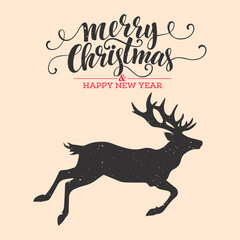 Merry Christmas and Happy New Year 2024 greeting card with reindeer silhouette. Flat hand drawn style. Winter holiday concept. Calligraphy, lettering, text. For graphic and web design, social media.