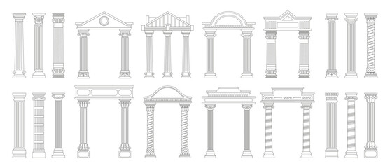 Ancient line columns. Antique doodle style roman architecture pillars with decorative elements, outline greek columns. Vector collection. Creative arch design isolated set. Old classical objects - obrazy, fototapety, plakaty