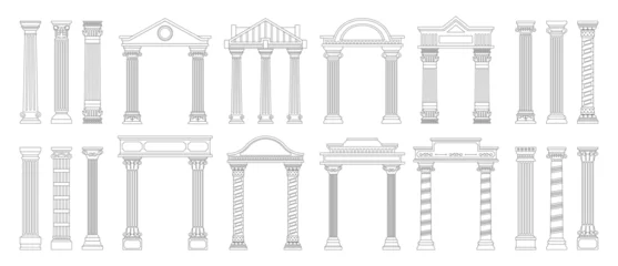 Foto op Plexiglas Ancient line columns. Antique doodle style roman architecture pillars with decorative elements, outline greek columns. Vector collection. Creative arch design isolated set. Old classical objects © Frogella.stock