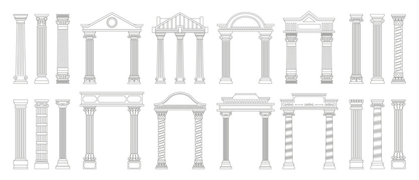 Ancient line columns. Antique doodle style roman architecture pillars with decorative elements, outline greek columns. Vector collection. Creative arch design isolated set. Old classical objects