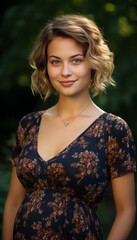 Fototapeta premium Pregnant woman, 22, in summer park, cute maternity dress, standing profile.Generative AI