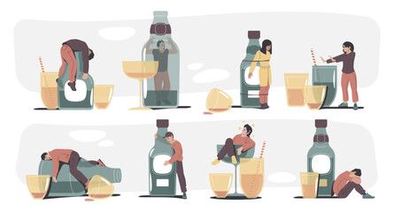 Alcohol addiction concept. Cartoon drunk people lying on floor, flat drunk people drinking beer and wine, cartoon alcoholic people with hangover. Alcoholism vector set. Characters in depression