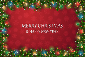 Christmas banners with decorated branches. With snow on a red background. Festive header design. Concept for holiday, winter holidays, New Year, Christmas