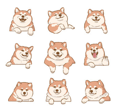 Cute Cartoon peeking Shiba Inu dog set	