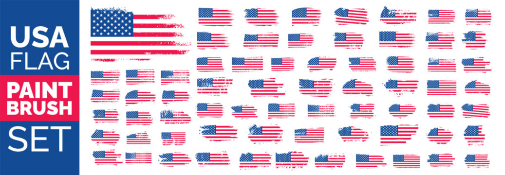 big mega set of Grunge US Flag ink brush stroke effect or United States of America flag with watercolor paint brush strokes texture design. USA flag paint brush texture big mega bundle.