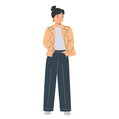 Elegant woman in a fashionable outfit. Modern female character in a fashionable jacket and long trousers.