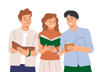 Fototapeta premium Young modern people reading books together. Crowd of readers. Group portrait of multiracial students with textbooks.