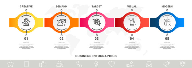 Vector infographic design template. Modern timeline concept with 5 steps, circles. Vector illustration used for diagram, workflow layout, banner, webdesign