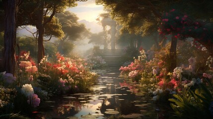 A serene, sun-kissed garden with delicate flowers blooming under the soft glow of the morning light, creating a dreamy atmosphere