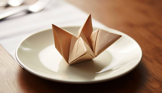 easy origami swan napkin on plate on laid table.Generative AI