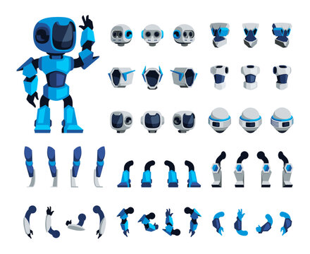 Cartoon robot animation kit. Cibernetica robot pose for frame sequence, electric machine parts and constructors, robot poses and gestures. Vector isolated set. Artificial intelligence constructor