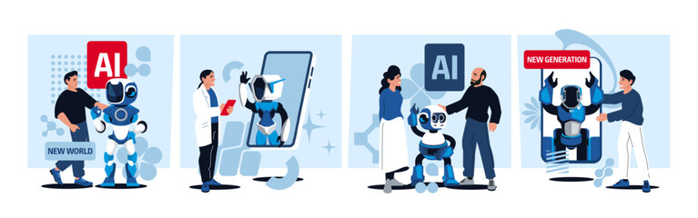 Cartoon ai concept. Artificial intelligence chatbot web application, machine learning software, dialog system, bot for website or application. Vector isolated set. Scientist developing bot